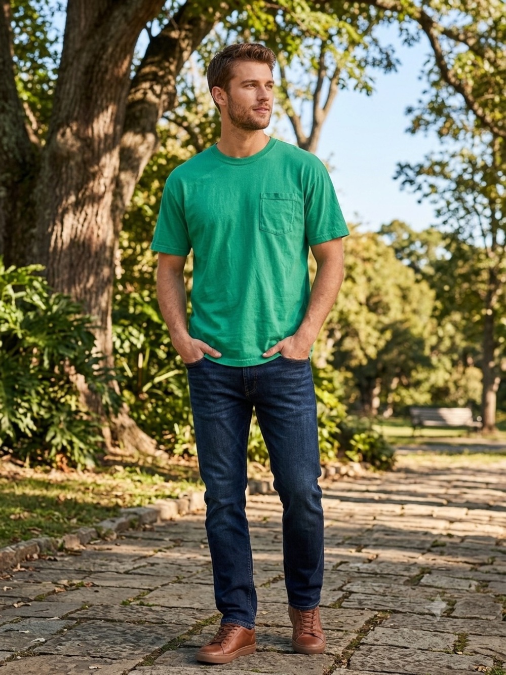 KEY Classic Pocket Crewneck T-Shirt - Green’ Mens Size Large